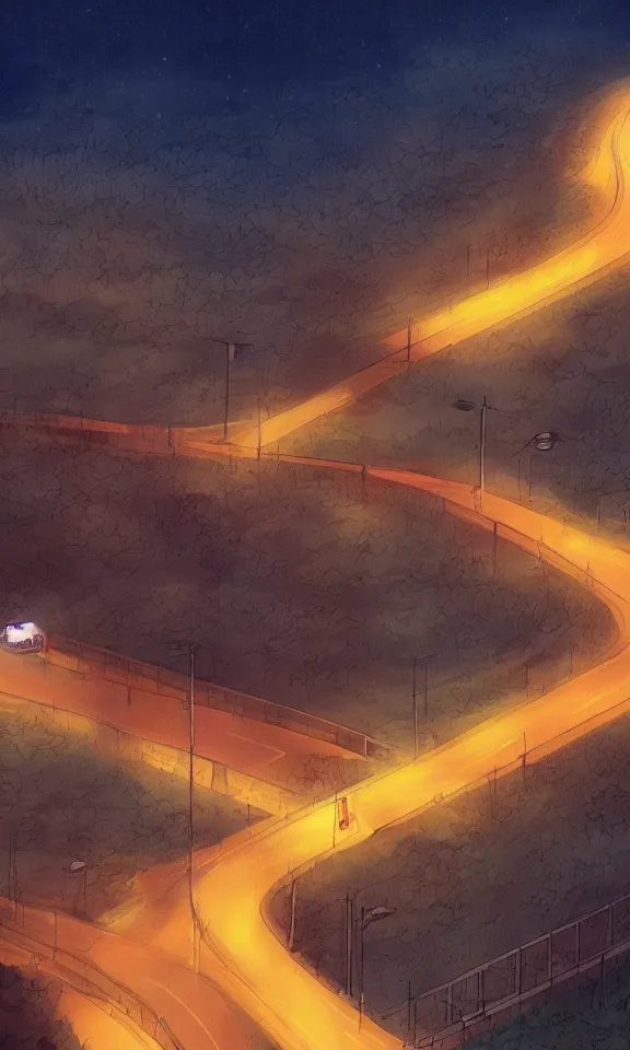 Image similar to screenshot of highway at night in Hayao Miyazaki movie