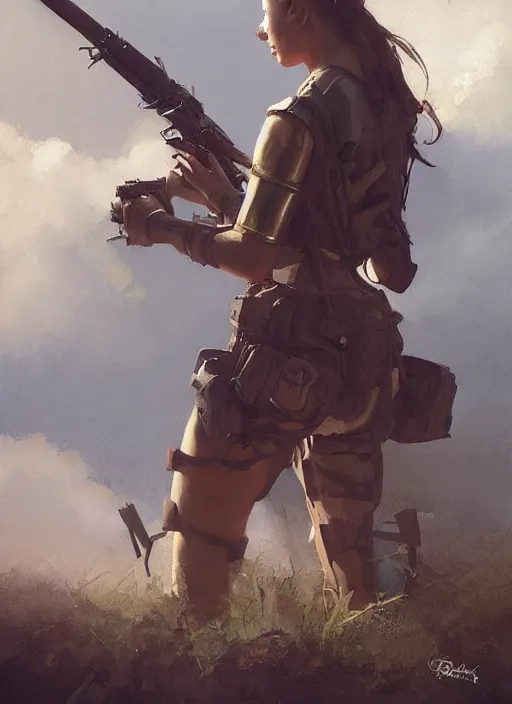 Prompt: hyper realistic painting of fantasy soldier girl, full body, rule of thirds, conceptart, saturated colors, cinematic, greg rutkowski, brom, james gurney, mignola, craig mullins, alan lee