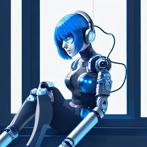 Image similar to cyborg - girl with silver hair, wearing headphones, and sitting on a window sill, highly detailed, painting, dark blue and black color palette, intricate, high quality anime artstyle, in the style of artgerm