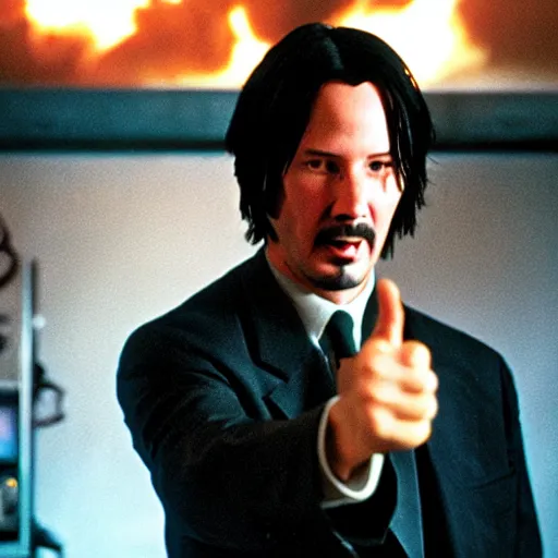 Image similar to Keanu reeves as a system administrator, doing a thumb up, there are servers in flames in the background, 35mm