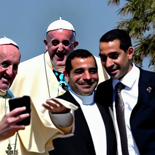 Image similar to Egyptian Gods taking a selfie with the pope , professional photograph 8000 BC