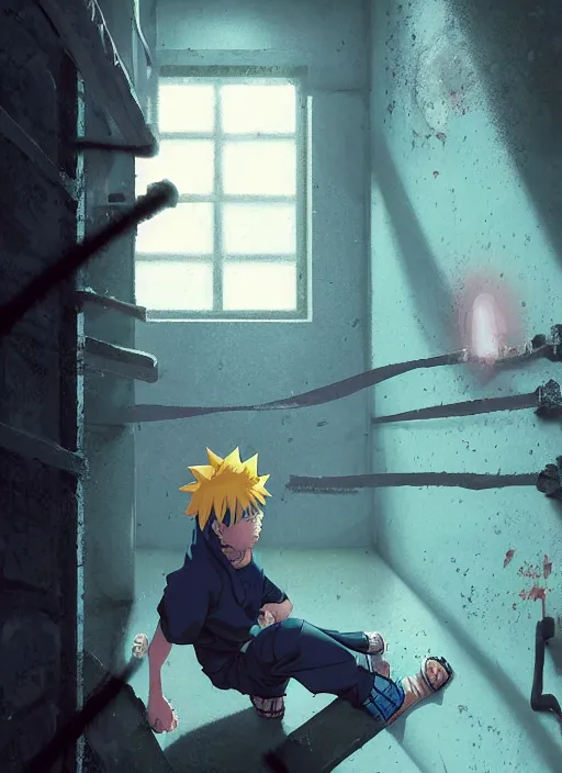 Image similar to highly detailed prison cell with naruto uzumaki with black hair, metal bars in window, powerfully hitting a wall, art by greg rutkowski, loish, rhads, ferdinand knab, makoto shinkai and lois van baarle, ilya kuvshinov, rossdraws, tom bagshaw, global illumination, radiant light, detailed and intricate environment