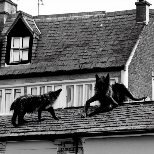 Image similar to wolf monsters sitting on the roof of a house in britain watching a pair of children walk down the road