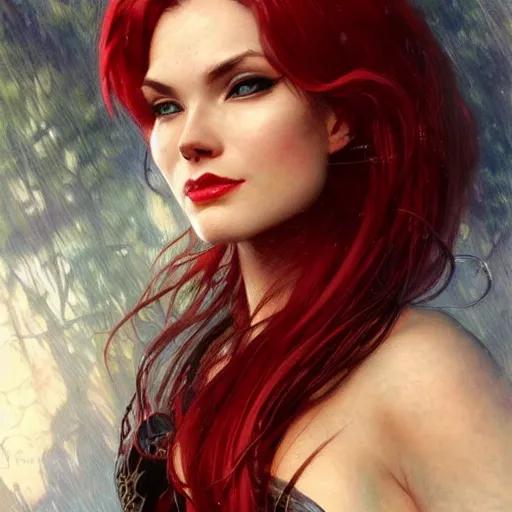 Image similar to highly detailed closeup portrait of beautiful cat woman with red hair, very detailed, realistic, card, by Stanley Artgerm Lau, greg rutkowski, thomas kindkade, alphonse mucha, loish, norman rockwell J.