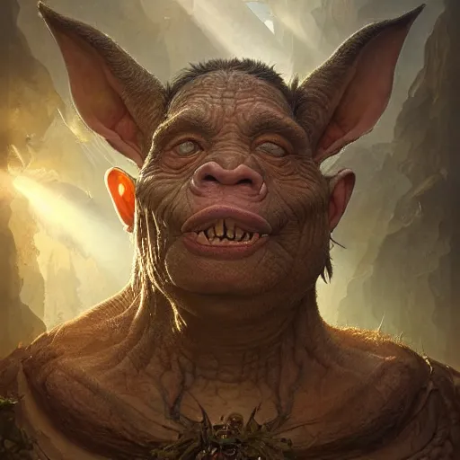 Image similar to a hyperrealistic illustration of a mix of an oger and giant and goblin, 8 k ultra realistic creature, detailed intricate, with fractal sunlight, award - winning, masterpiece, in the style of tom bagshaw, cedric peyravernay, peter mohrbacher