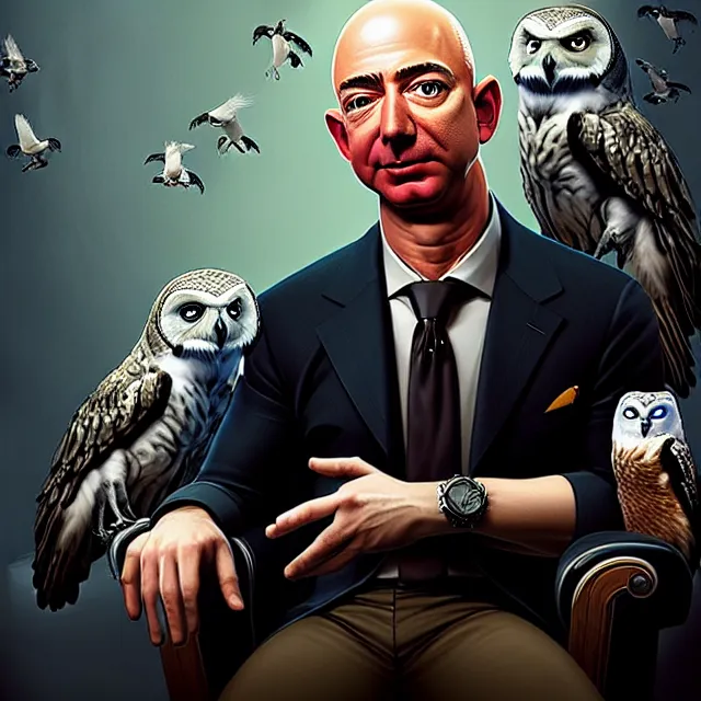 Image similar to epic professional digital art of Jeff Bezos sitting in a chair, surrounded by owls, best on artstation, cgsociety, wlop, Behance, pixiv, astonishing, impressive, outstanding, epic, cinematic, stunning, gorgeous, much detail, much wow, masterpiece.