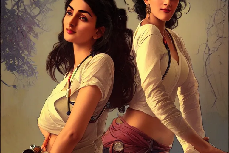 Image similar to sensual pale beautiful indian doctor in jeans with stethoscope, art deco portrait, elegant, intricate, digital painting, artstation, concept art, smooth, sharp focus, illustration, art by artgerm and greg rutkowski and alphonse mucha