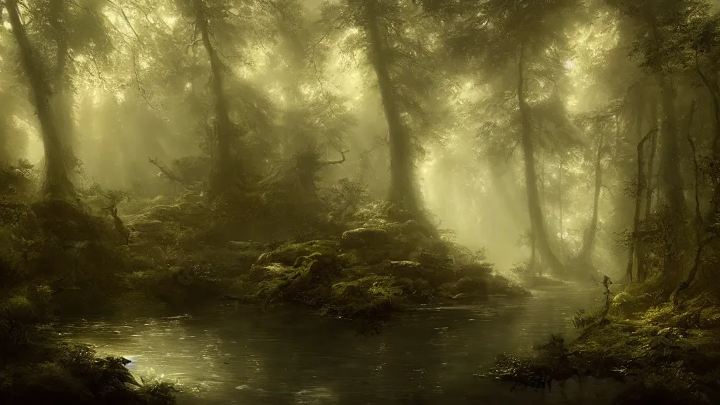 Image similar to a clearing with a deep pool of water, a sanctuary in the dark, dense forest. andreas achenbach, artgerm, mikko lagerstedt, zack snyder, tokujin yoshioka