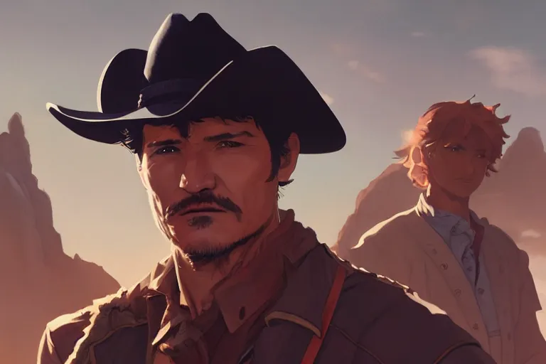 Prompt: old pedro pascal as a cowboy, single subject, mountaineous background, scenic full shot, ambient lighting, detailed face, by makoto shinkai, stanley artgerm lau, wlop, rossdraws