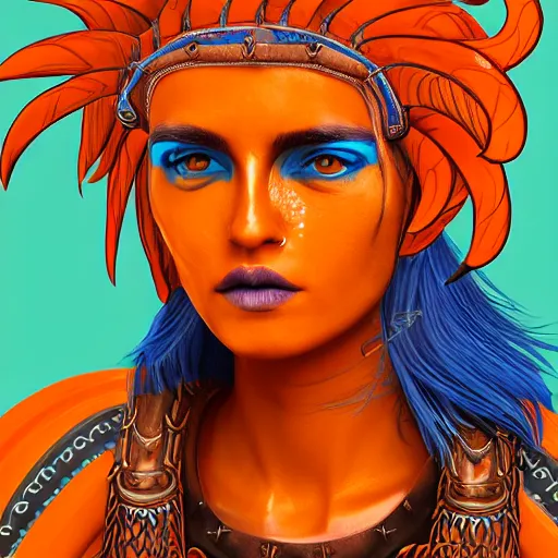 Image similar to illustrated portrait of beautiful ram-horned woman with orange skin and blue hair wearing leather armor, hyper detailed, photorealistic