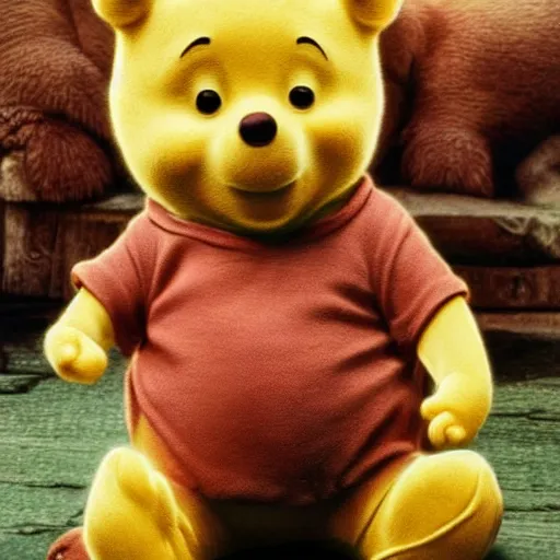 Prompt: photo of winnie the pooh in real life after he just ate a boy