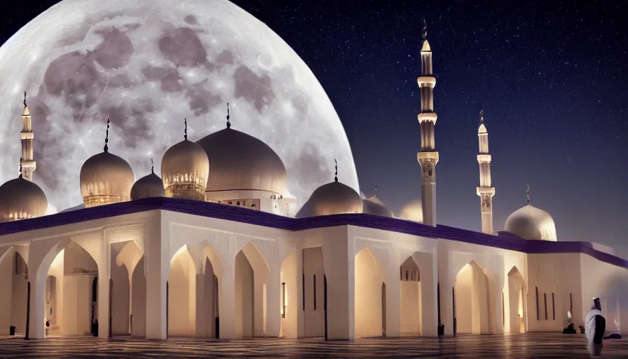 Image similar to photo of beautiful mosque under a giant full moon, glowing arabic symbols floating in the air, cinematic, extreme detail, sharp focus, masterpiece,