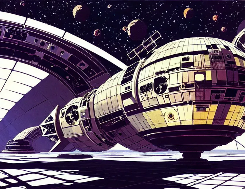Image similar to concept art of an abandoned space station, by syd mead, intricate details, cinematic, epic