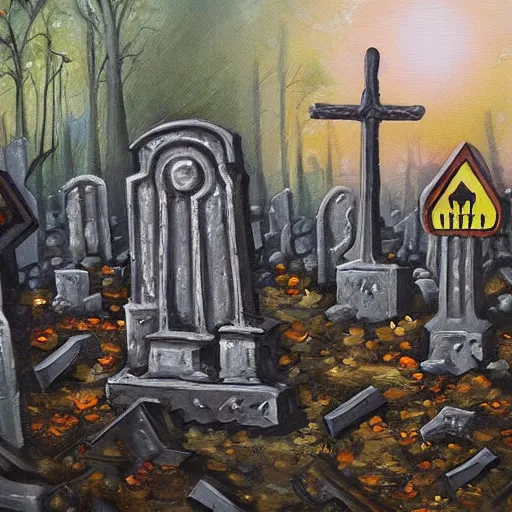 Prompt: oil painting graveyard tombstones, bats, halloween scene, scary, zombie's, high detail, dark scene