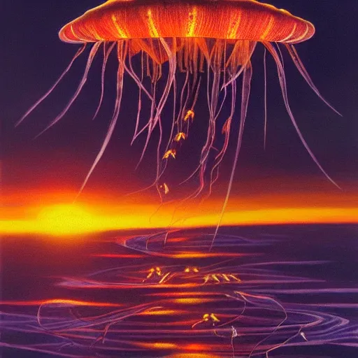 Image similar to a beautiful painting of a group of jellyfish fly in sunset by Angus Mckie, Trending on artstation