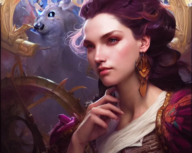 Image similar to photography of muxxi, deep focus, d & d and mtg, fantasy, intricate, elegant, highly detailed, digital painting, artstation, concept art, matte, sharp focus, illustration, hearthstone, art by artgerm and greg rutkowski and alphonse mucha