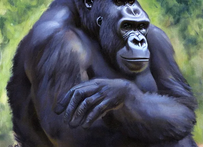 Prompt: a highly detailed beautiful portrait of a gorilla wearing a suit, by gregory manchess, james gurney, james jean