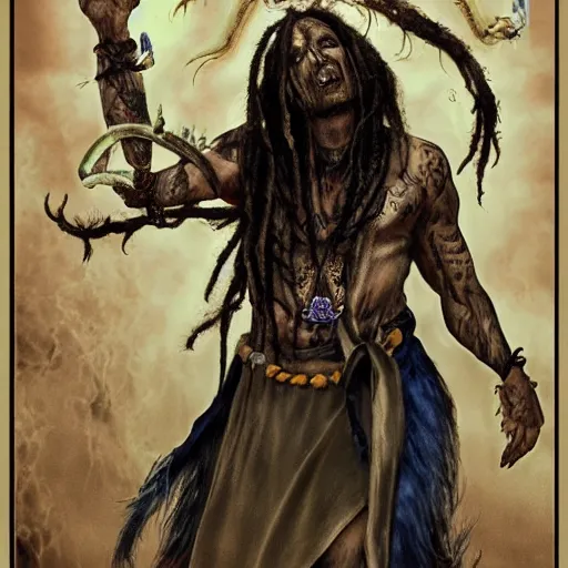 Prompt: a horror shaman with dreadlocks in sacrament of death