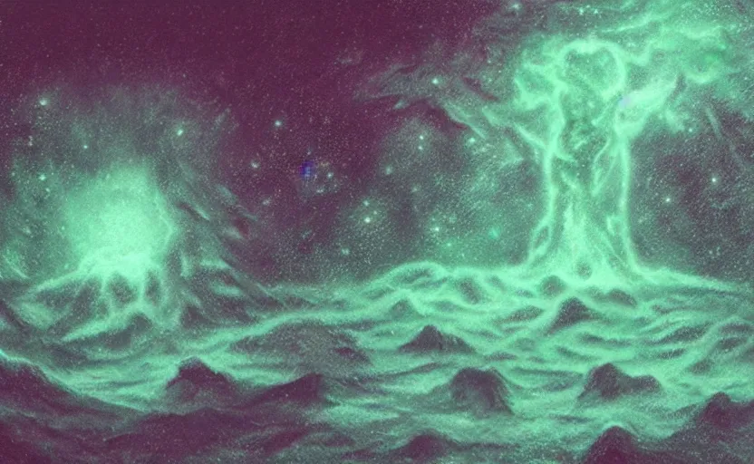 Image similar to lovecraftian horror, lovecraft, moody, lighting study, cthulhu, galactic nebula, volumetric fog, color study, cross hatching, shading study