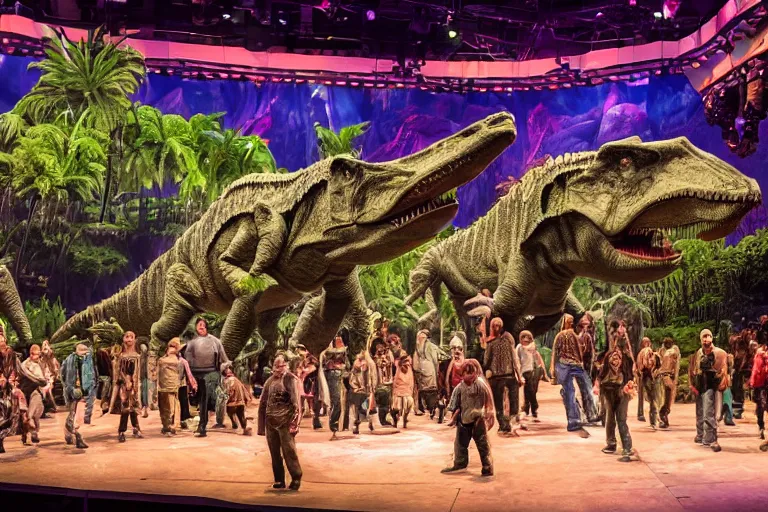 Prompt: photo of a huge theaterstage, play is jurasic park, 3 actors on stage, 8 k, multicolored, exaggerated detailed, long shot