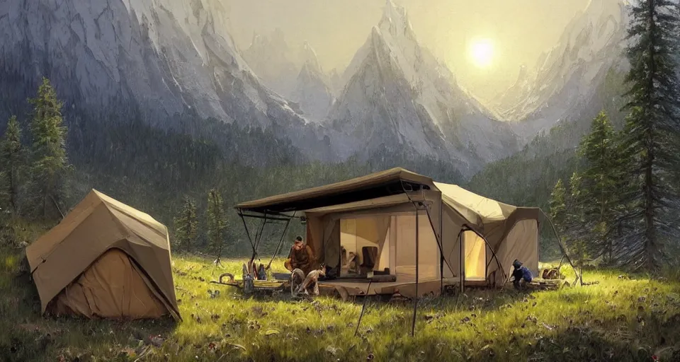 Prompt: cabela's beautiful comfortable carbon framed, modular insulated wall portable container home kit - house all weather family dwelling tent house, person in foreground, mountainous forested wilderness open fields, beautiful views, painterly concept art, environmental concept art, concept art illustration, by james gurney, by craig mullins, by greg rutkowski trending on artstation