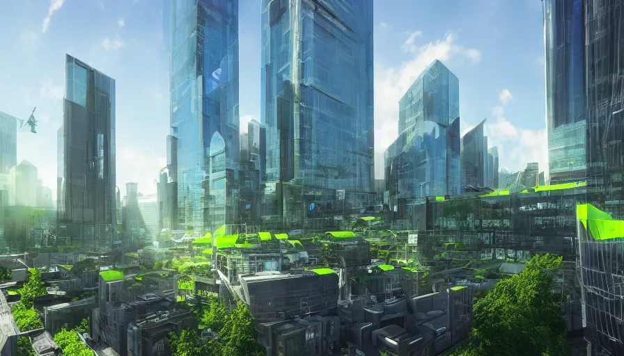 Image similar to futuristic glasgow with green buildings, green square, sunny day, volumetric light, reflections, hyperdetailed, artstation, cgsociety, 8 k