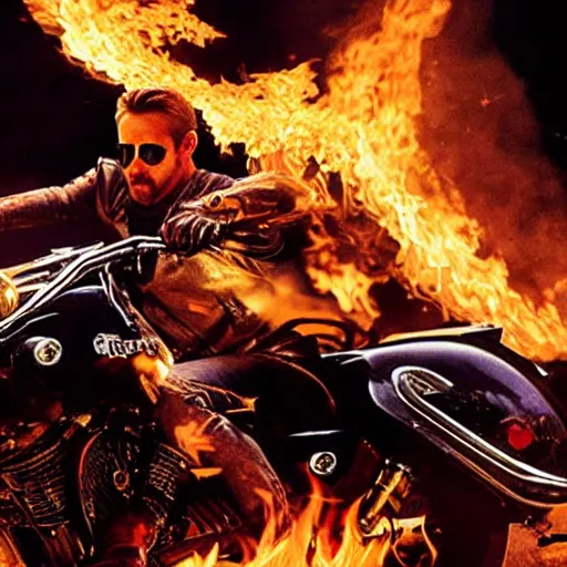 Image similar to An epic movie poster of Ryan Gosling playing Ghost Rider, with Ryan Gosling sitting on a motorcycle with flames and chains on a desert road fire balls. Sharp. HD. 4K. 8K