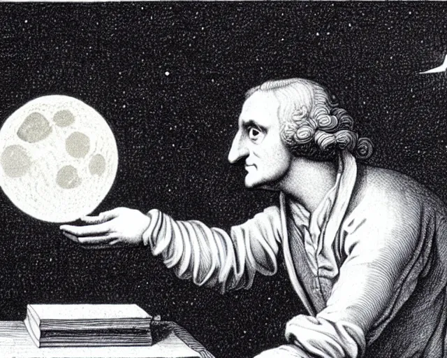 Image similar to isaac newton holding an apple in his hands and looking at the moon