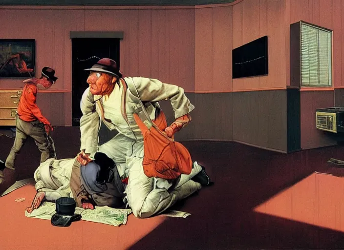 Prompt: a still from the film dumb and dumber by francis bacon, surreal, norman rockwell and james jean, greg hildebrandt, and mark brooks, triadic color scheme, by greg rutkowski, in the style of francis bacon and syd mead and edward hopper and norman rockwell and beksinski, dark surrealism, open ceiling