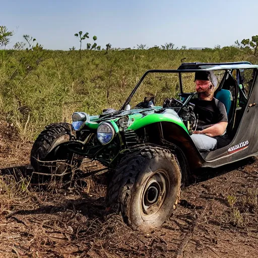 Prompt: an off road buggy drives towards the viewer along a forest dirt track. the vegetation is sparse scrub. the driver is male and smiling. the buggy has an open frame build with mounted search lights. the sky is cloudy and dust is being thrown up by the buggy's wheels