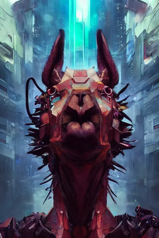 Image similar to closeup portrait of an evangelion beast mode llama, cyberpunk concept art by pete mohrbacher and artgerm and wlop and greg rutkowski and deathburger, digital art, highly detailed, intricate, sci-fi, sharp focus, Trending on Artstation HQ, deviantart, unreal engine 5, 4K UHD image, daily deviation, masterpiece llama art