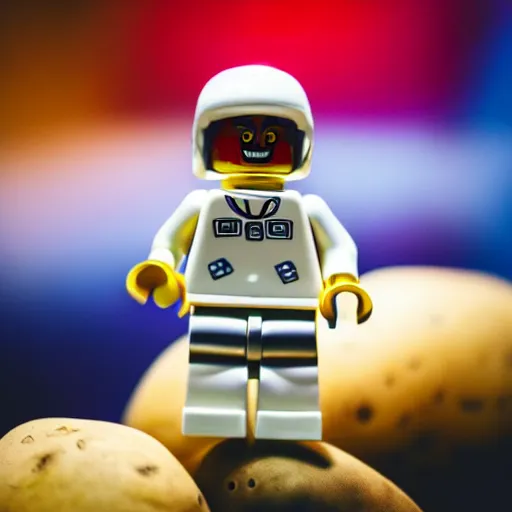 Image similar to closeup shot of lego astronaut standing on a potato ( eos 5 ds r, iso 1 0 0, f / 8, 1 / 1 2 5, 8 4 mm, postprocessed, bokeh )