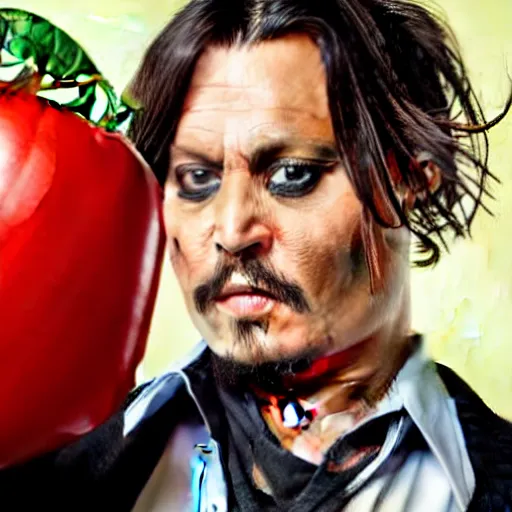 Image similar to johnny depp as a tomato, battles for his life