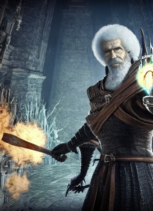 Image similar to portrait wizard bob ross in darksouls universe in anor londo, studio lights, 8 k hd.