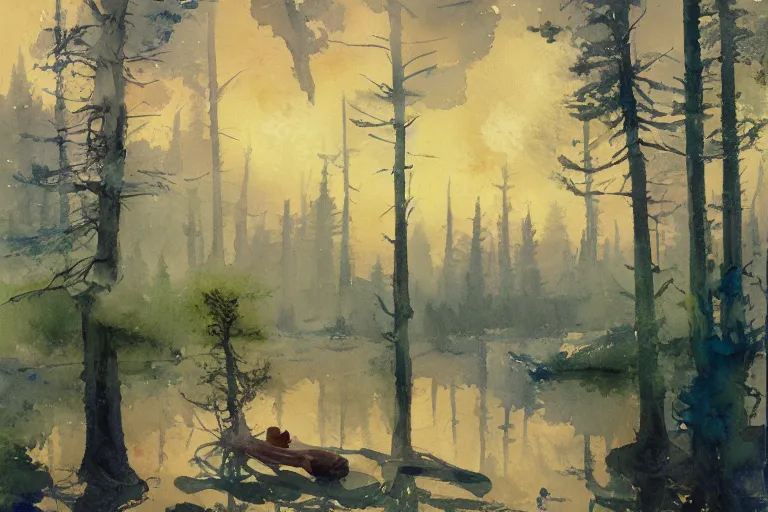 Prompt: small centered on watercolor paper, paint brush strokes, abstract watercolor painting of golden night at mini lake, heavy pine forest, cinematic light, american romanticism by hans dahl, by jesper ejsing, by anders zorn, by greg rutkowski, by greg manchess, by tyler edlin