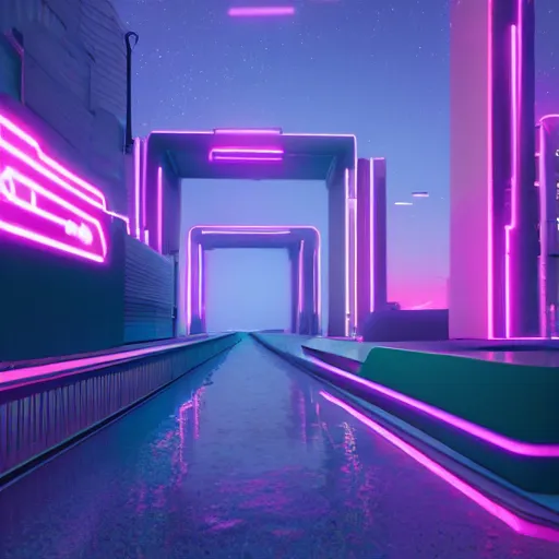 Image similar to synthwave art of peykan, tehran, octane render, pink neon lights