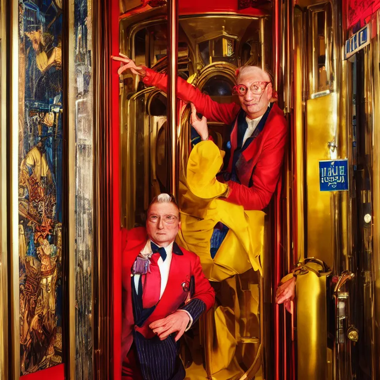 Image similar to professional octane render portrait by wayne barlow and carlo crivelli and glenn fabry, a flamboyant man in a bright colorful saturated wes anderson elevator operator costume inside a dark and moody vintage elevator in a high - end exotic vintage boutique hotel, very short depth of field, bokeh