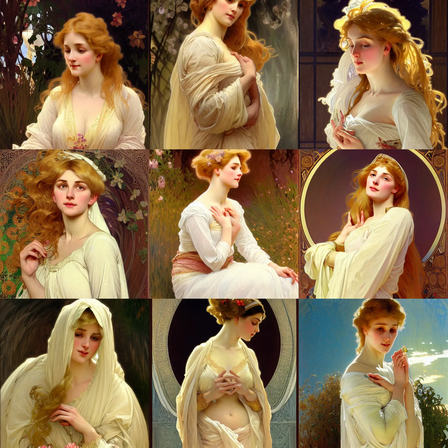 Prompt: painted portrait of a modest wife blessed by god with ever - increasing intelligence beauty and virtue. blonde, voluptuous holy body dressed modestly, light effect. feminine, powerful, in clothes! intricate, elegant, highly detailed, digital painting, artstation, concept art, smooth, sharp focus, illustration, art by gaston bussiere and alphonse mucha