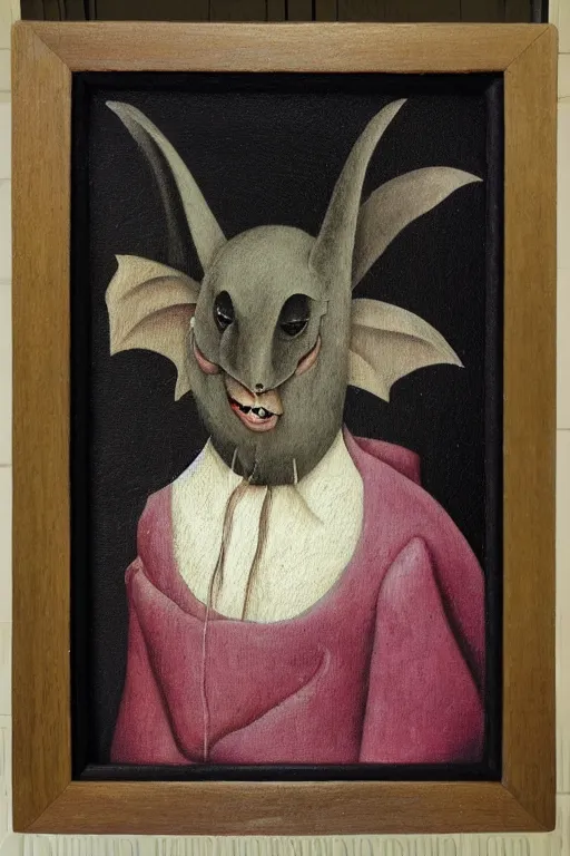 Prompt: silly hieronymus bosch creature. framed oil painting portrait of a bat in fancy felt robes. muted colour palette