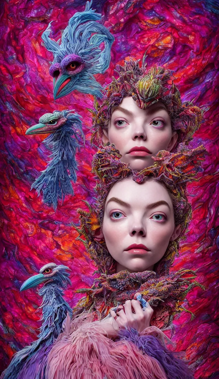 Image similar to hyper detailed 3d render like a Oil painting - kawaii portrait of one Aurora (a beautiful skeksis muppet fae queen from dark crystal that looks like Anya Taylor-Joy) seen red carpet photoshoot in UVIVF posing in scaly dress to Eat of the Strangling network of yellowcake aerochrome and milky Fruit and His delicate Hands hold of gossamer polyp blossoms bring iridescent fungal flowers whose spores black the foolish stars by Jacek Yerka, Ilya Kuvshinov, Mariusz Lewandowski, Houdini algorithmic generative render, Abstract brush strokes, Masterpiece, Edward Hopper and James Gilleard, Zdzislaw Beksinski, Mark Ryden, Wolfgang Lettl, hints of Yayoi Kasuma and Dr. Seuss, octane render, 8k