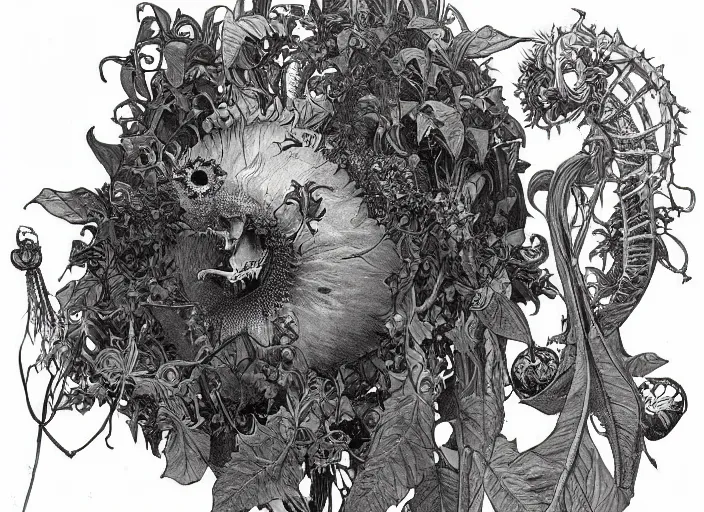 Image similar to creepy sunflower mutant vine plant with a portal to space in its mouth in a jungle, giovanni battista piranesi, moebius, alphonse mucha, ultra - detailed, yoshitaka amano