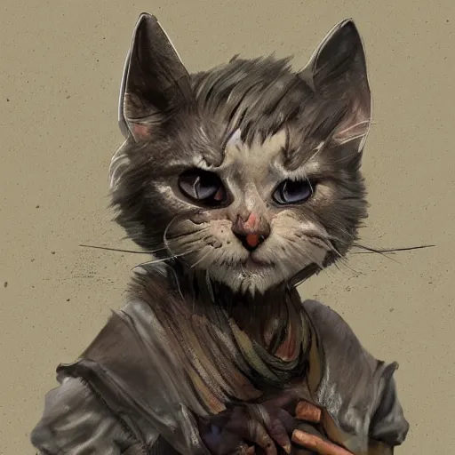 Image similar to dirty homeless humanoid cat wearing rags, concept art, d & d, fantasy, trending on artstation