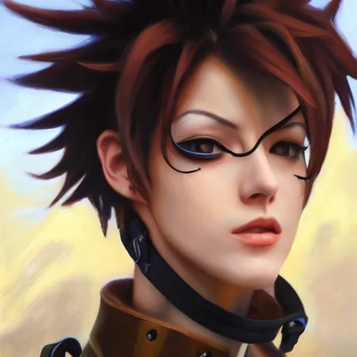 Image similar to oil painting of tracer overwatch in a field wearing very large black leather belt choker collar around neck, in style of mark arian, expressive face, very detailed face, very detailed eyes, belt around neck, full body, feminine face, tracer overwatch,