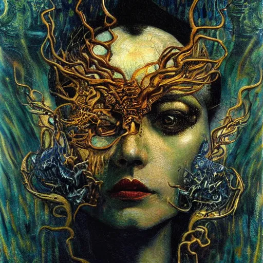 Image similar to Visions of Hell by Karol Bak, Jean Deville, Gustav Klimt, and Vincent Van Gogh, nightmare portrait, infernal, visionary, otherworldly, fractal structures, ornate gilded medieval icon, third eye, hellfire, stygian, spirals, cosmic horror