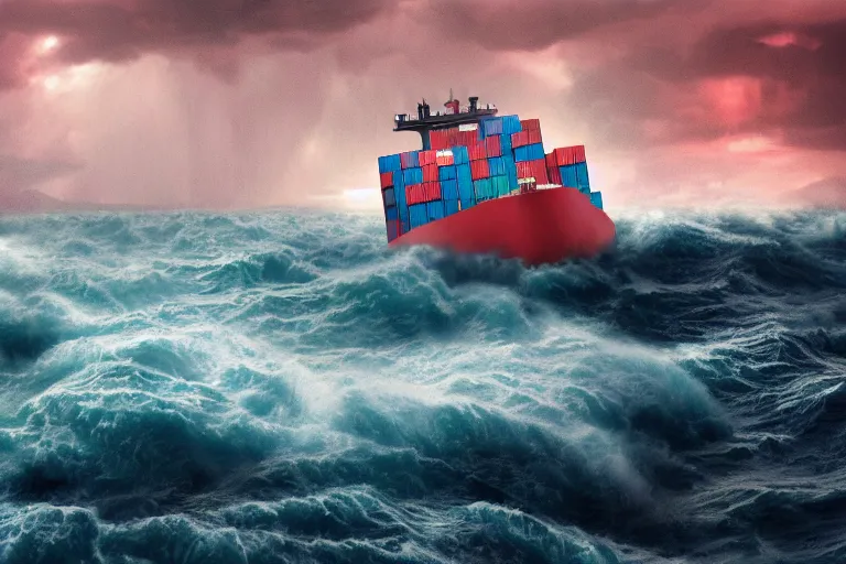 Image similar to container ship in a storm, in the style of vernon grant and chris van allsburg, raging stormy sea, trending on artstation, bright tilt - shift camcorder effect, photoshop, retrowave, hyperrealism, octane, sharp focus, masterpiece