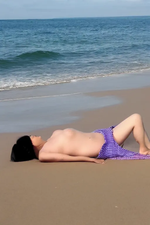 Prompt: Photo of a young pregnant Korean man at the beach sunbathing