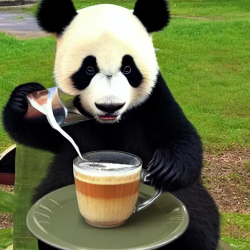 Prompt: Panda drinking a latte in real life