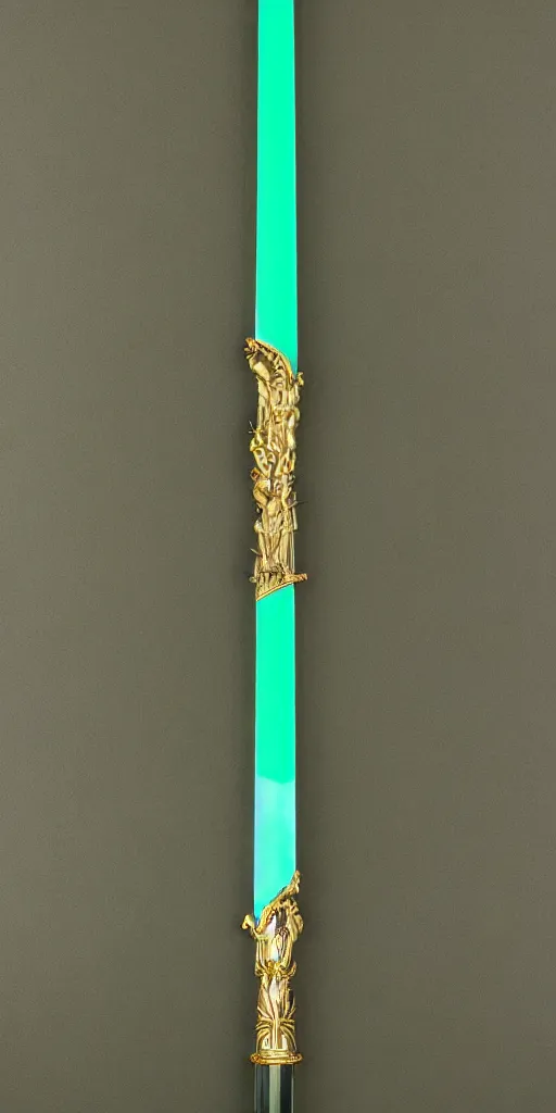 Image similar to photograph of a large green and teal crystal sword with a gold sword hilt