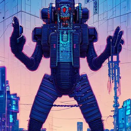 Image similar to A cyberpunk chthonic techno monster cyborg on the street of a cyberpunk city art by Josan Gonzalez, sci-fi, highly detailed, digital painting, artstation, smooth, sharp focus, illustration, concept art by Josan Gonzalez and James Gurney and Mœbius