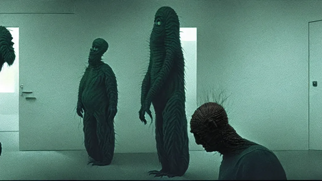 Image similar to the creature that hates me at the dmv, film still from the movie directed by denis villeneuve and david cronenberg with art direction by zdzisław beksinski and dr. seuss